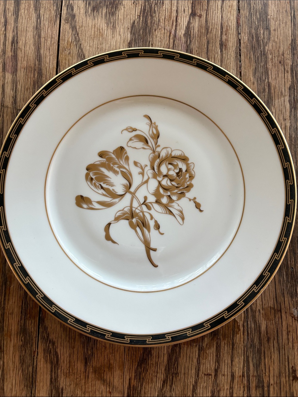 Tiffany & Co. HamptonCream Salad Plate with Gold Floral and Black Greek Key Rim